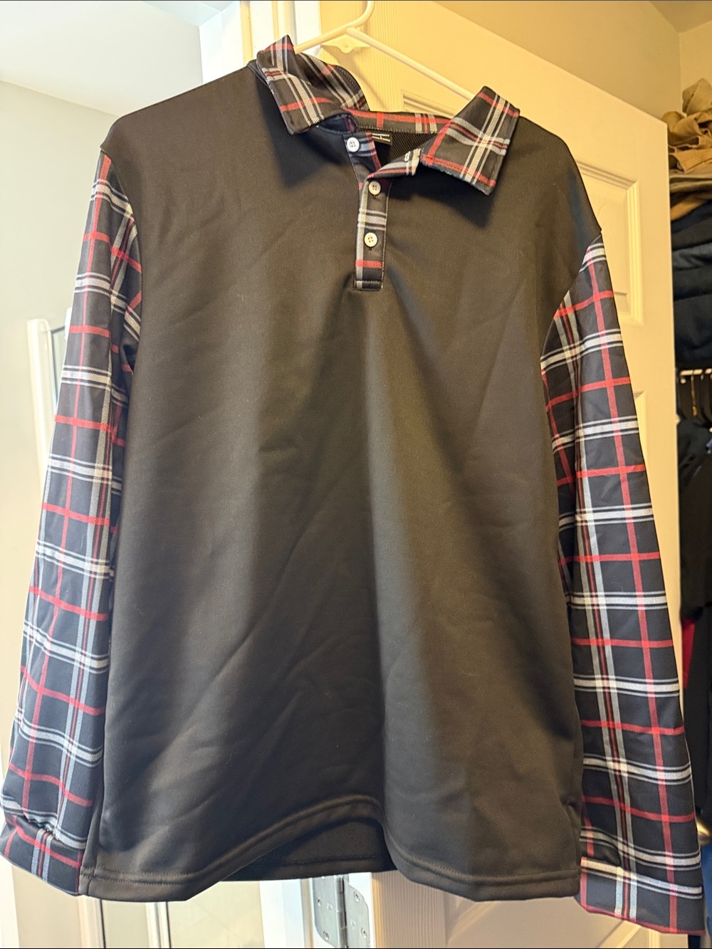 Men's Black Long-Sleeve Polo with Red & White Plaid Sleeves